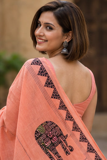 Khadi Cotton with Appliqué Work Peach Saree