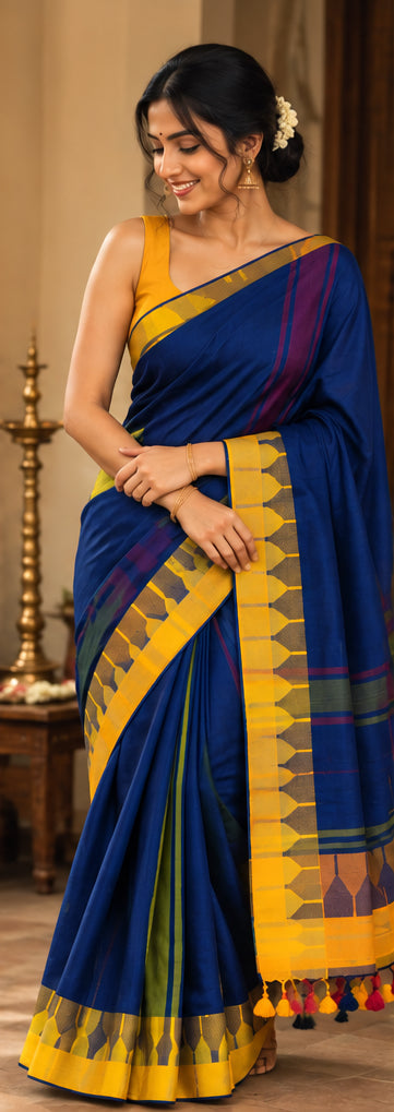 Pure Mulmul Cotton Deep Blue Saree with Temple Design