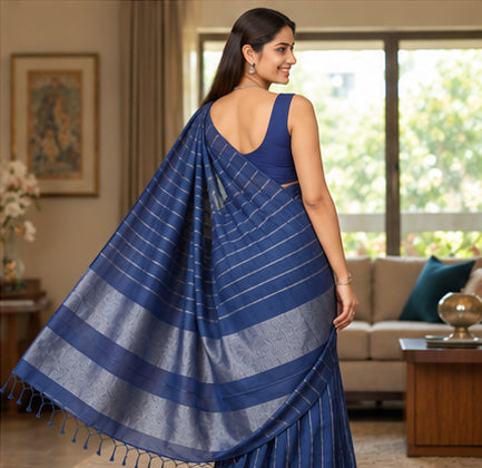 Semi Silver Zari Strip Design Saree