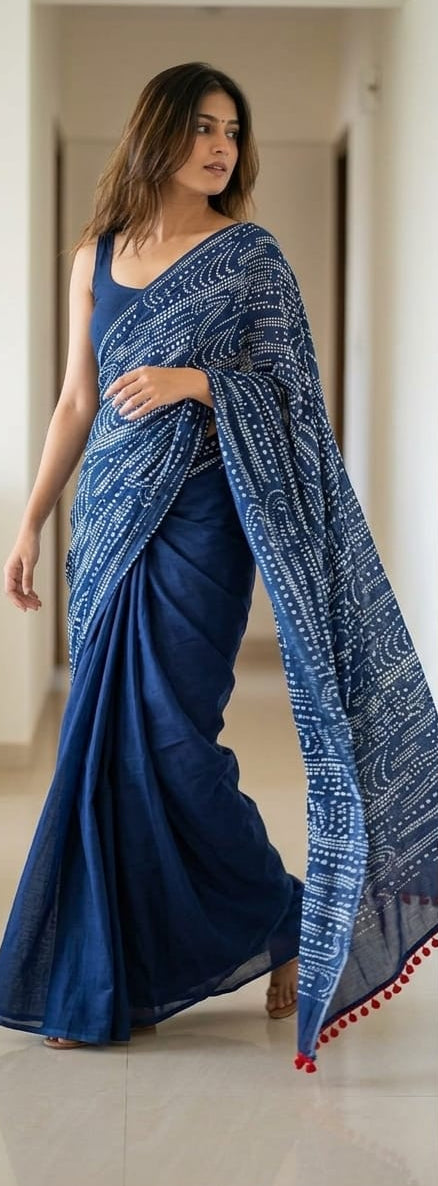 Mulmul Cotton Saree with Pom Pom
