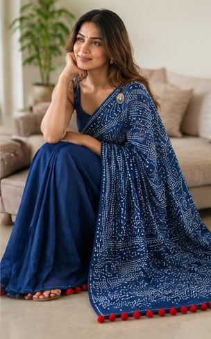 Mulmul Cotton Saree with Pom Pom