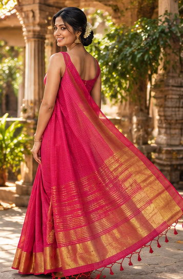 Handloom Cotton with Golden Zari Red Saree
