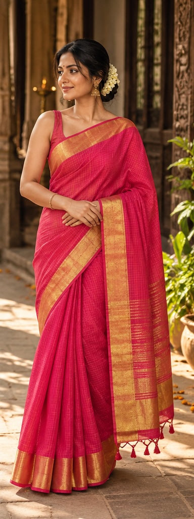 Handloom Cotton with Golden Zari Red Saree