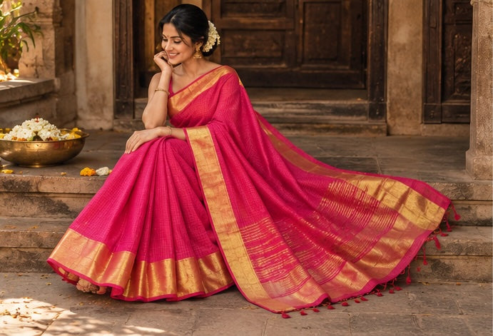Handloom Cotton with Golden Zari Red Saree