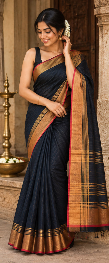 Handloom Cotton with Golden Zari Black Saree