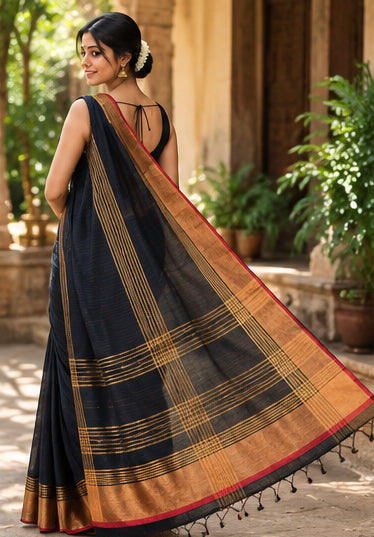 Handloom Cotton with Golden Zari Black Saree