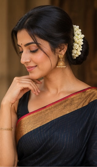 Handloom Cotton with Golden Zari Black Saree