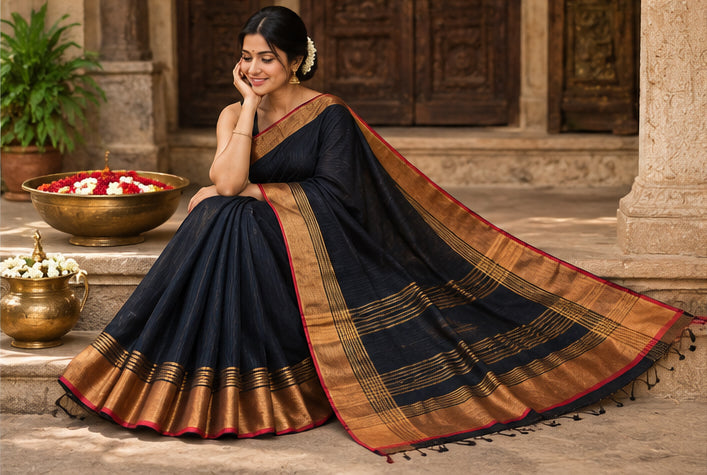 Handloom Cotton with Golden Zari Black Saree