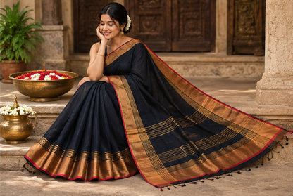 Handloom Cotton with Golden Zari Black Saree