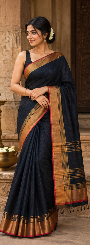 Handloom Cotton with Golden Zari Black Saree