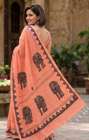 Khadi Cotton with Appliqué Work Peach Saree