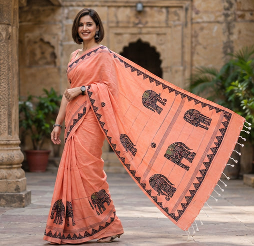 Khadi Cotton with Appliqué Work Peach Saree
