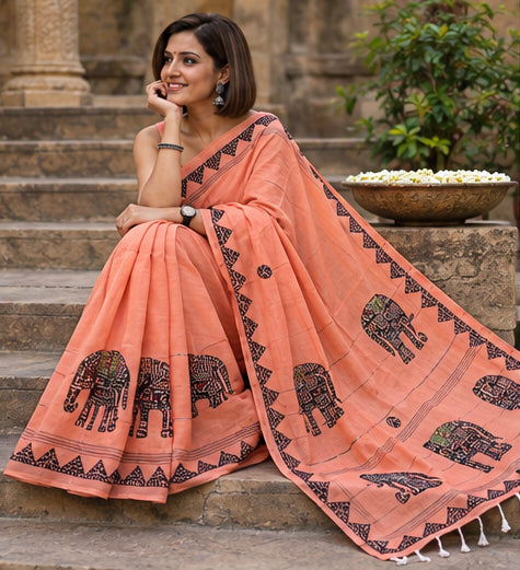 Khadi Cotton with Appliqué Work Peach Saree