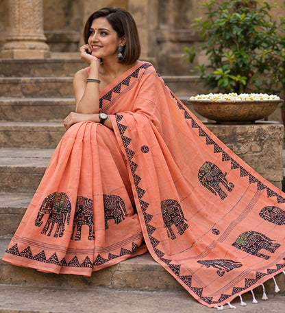 Khadi Cotton with Appliqué Work Peach Saree