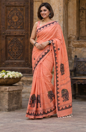 Khadi Cotton with Appliqué Work Peach Saree