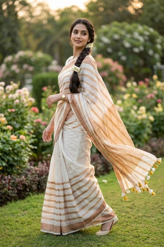 Linen by Copper Zari Stripe Design Saree