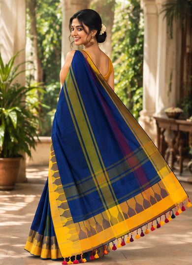Pure Mulmul Cotton Deep Blue Saree with Temple Design