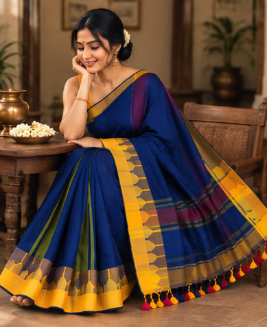 Pure Mulmul Cotton Deep Blue Saree with Temple Design
