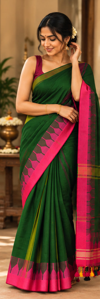 Pure Mulmul Cotton Green Saree with Temple Design