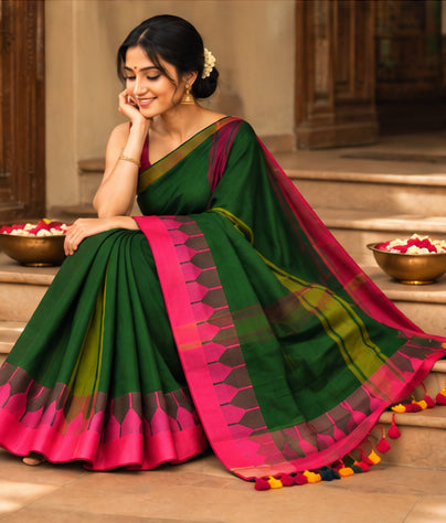Pure Mulmul Cotton Green Saree with Temple Design