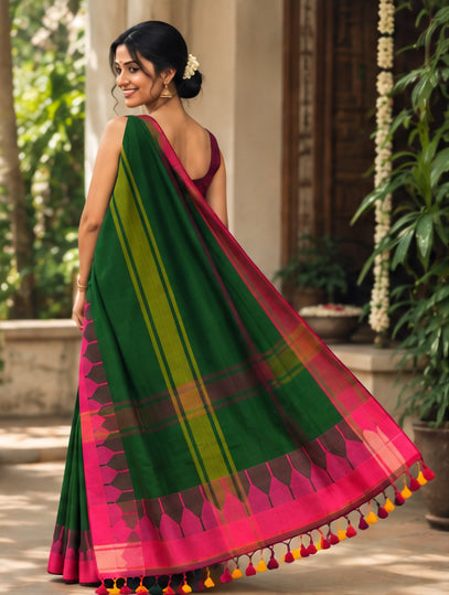 Pure Mulmul Cotton Green Saree with Temple Design
