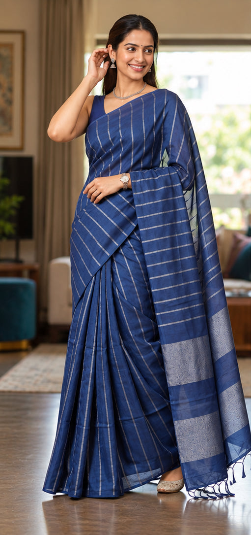 Semi Silver Zari Strip Design Saree