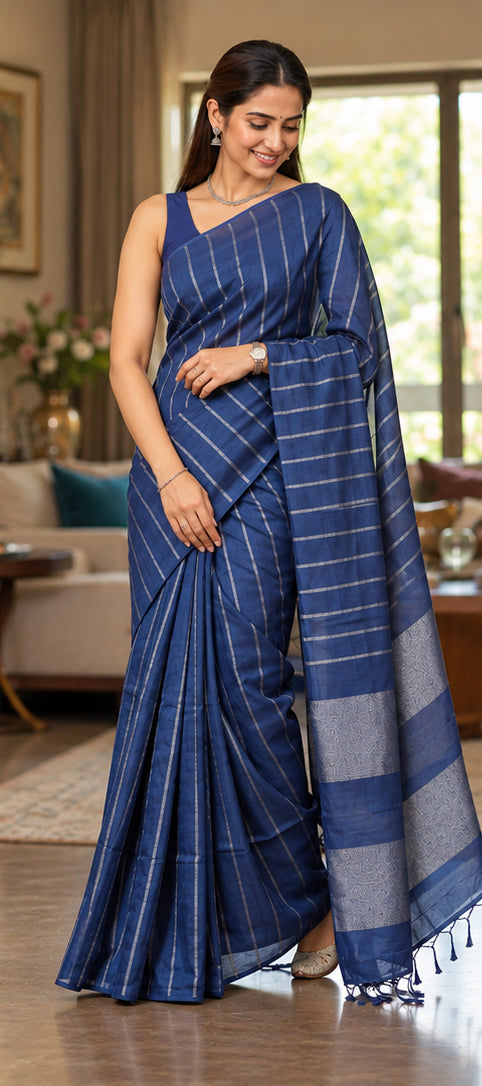 Semi Silver Zari Strip Design Saree