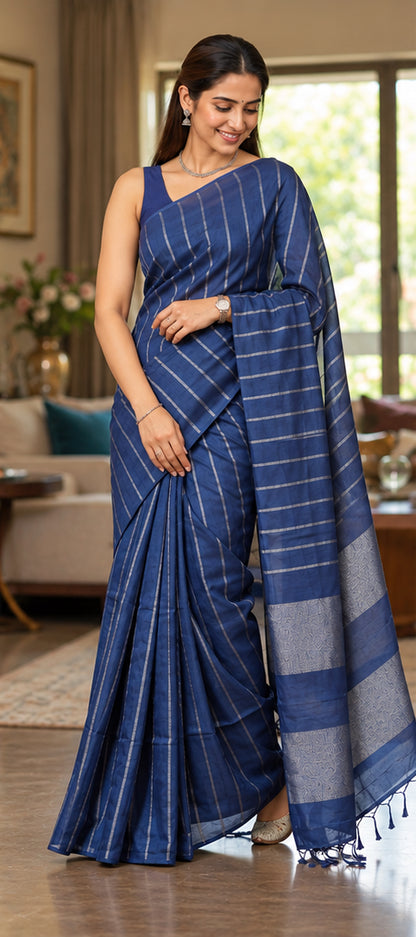 Semi Silver Zari Strip Design Saree