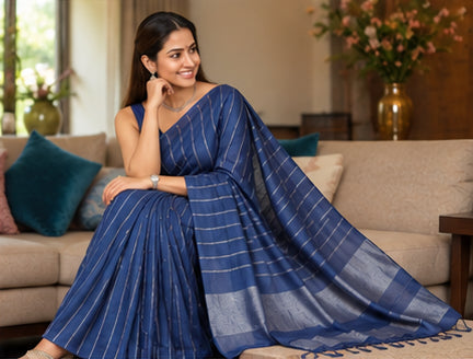 Semi Silver Zari Strip Design Saree