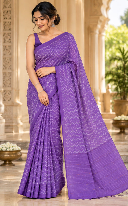 Zik Zak with White Dupion Weaving Design Saree